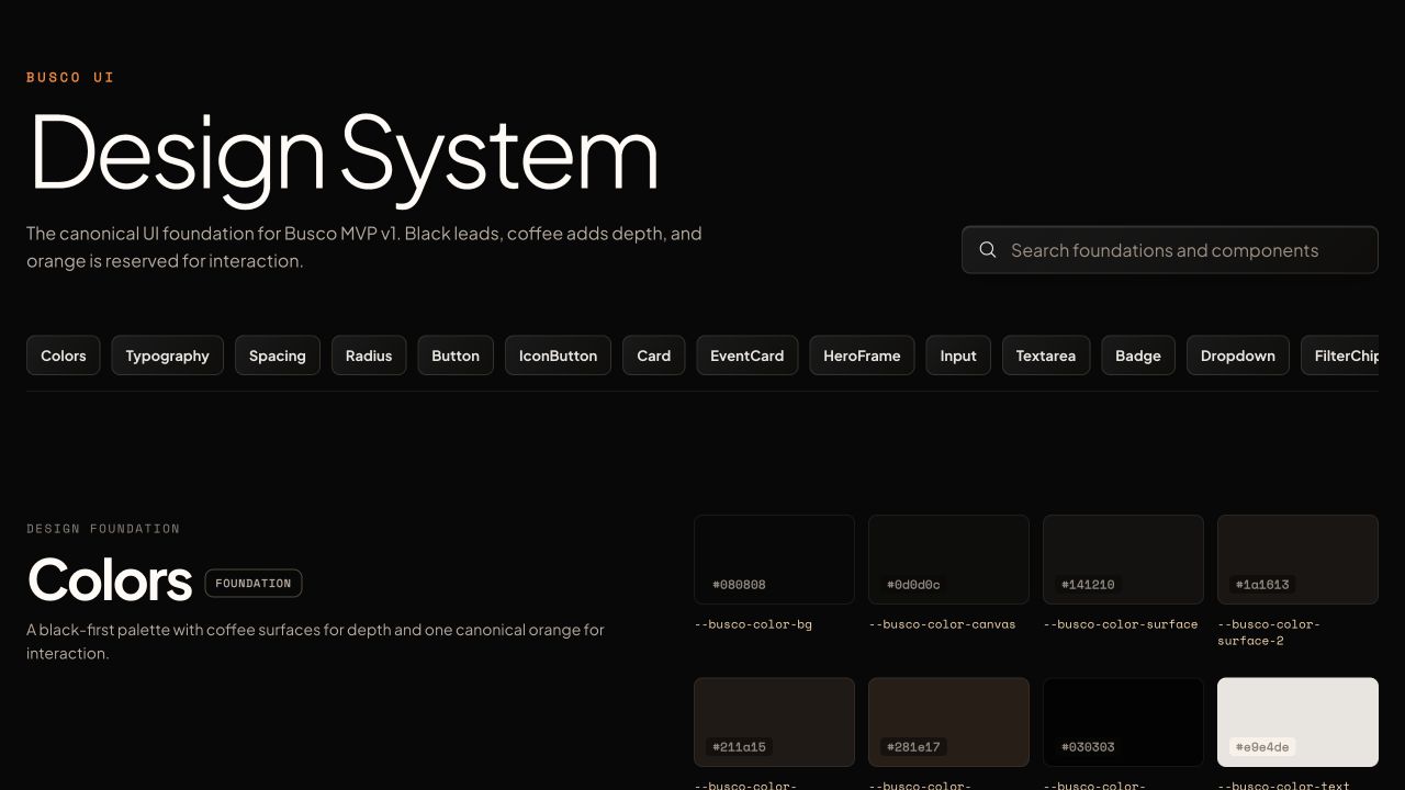 The published Busco design system showing its foundations, component index, and color tokens
